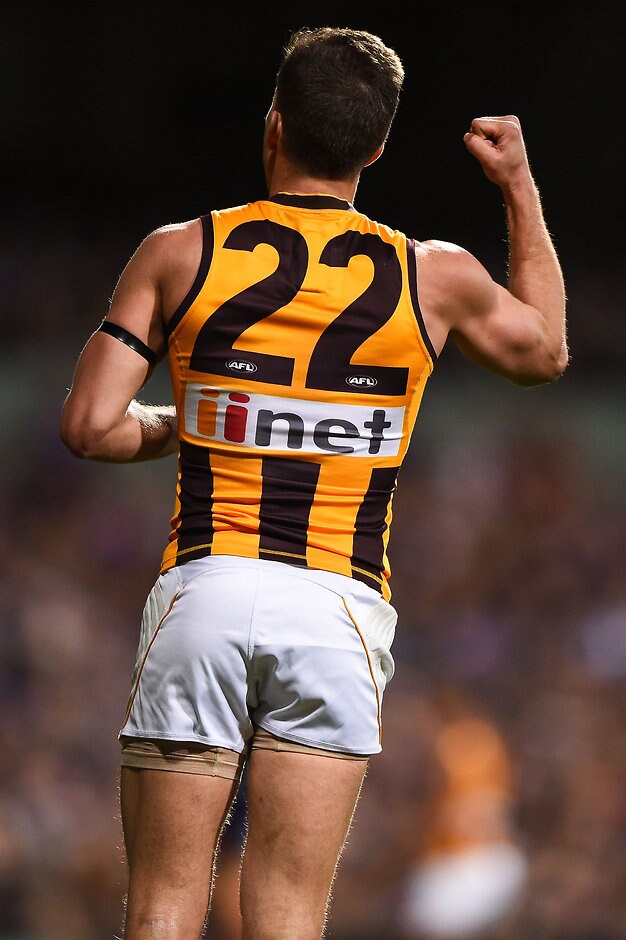 AFL 2015 First Preliminary Final - Fremantle v Hawthorn PERTH, AUSTRALIA - SEPTEMBER 25: Luke Breust of the Hawthorn Hawks celebrates a goal during the 2015 AFL First Preliminary Final match between the Fremantle Dockers and the Hawthorn Hawks at Domain Stadium, Perth, Australia on September 25, 2015. (Photo by Daniel Carson/AFL Media)